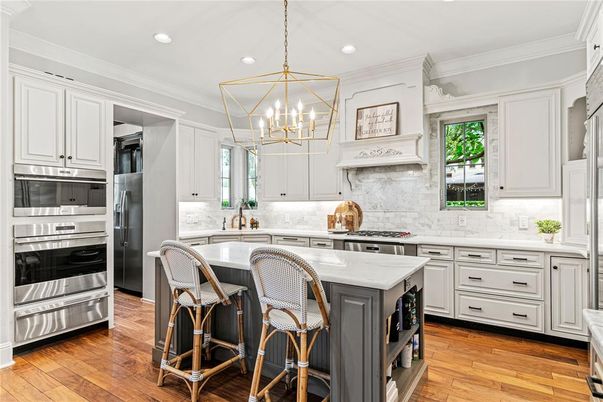 Interior, Kitchen, Pendant Lights, Recessed Lighting, Stainless Steel Appliances, Wood Texture Flooring