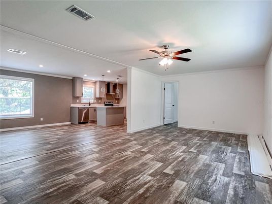 Empty room, Interior, Kitchen, Pendant Lights, Recessed Lighting, Wood Texture Flooring