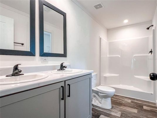 Bathroom, Interior, Recessed Lighting, Wood Texture Flooring