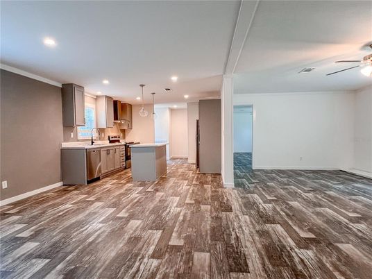 Interior, Kitchen, Pendant Lights, Recessed Lighting, Wood Texture Flooring