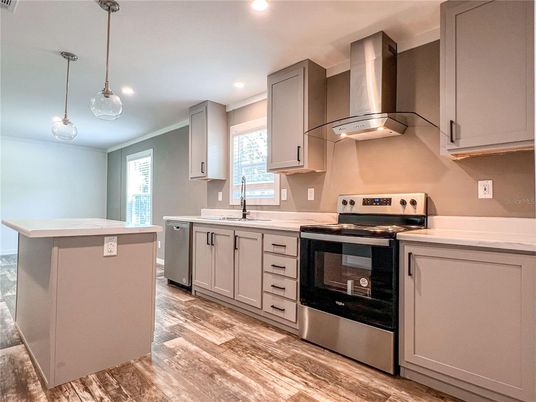 Interior, Kitchen, Pendant Lights, Recessed Lighting, Stainless Steel Appliances, Wood Texture Flooring