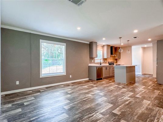 Interior, Kitchen, Pendant Lights, Recessed Lighting, Wood Texture Flooring