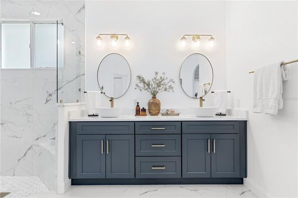 Bathroom, Dual Sink Vanities, Glass Shower, Interior, Marble, Marble Walls