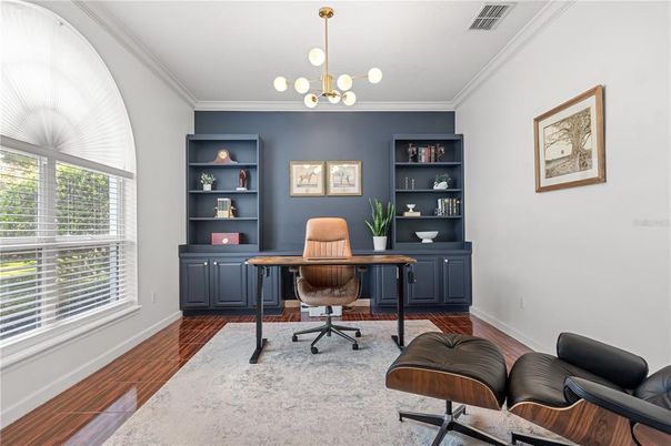 Home Office, Interior, Pendant Lights, Wood Texture Flooring