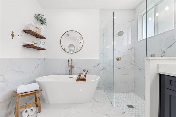 Bathroom, Free Standing Baths, Glass Shower, Interior, Marble, Marble Walls