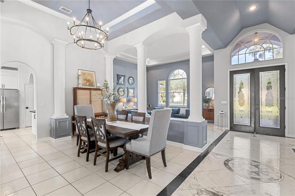 Chandelier, Dining room, Interior, Marble, Recessed Lighting