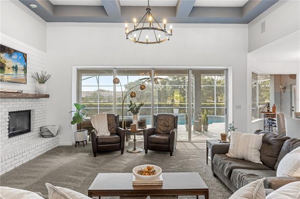 Chandelier, Fireplace, Interior, Living room