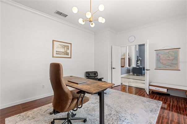 Home Office, Interior, Pendant Lights, Wood Texture Flooring