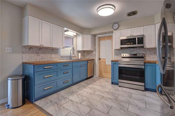 Interior, Kitchen, Marble, Stainless Steel Appliances, Wood Texture Flooring