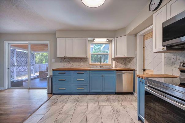 Interior, Kitchen, Marble, Marble Walls, Stainless Steel Appliances, Wood Texture Flooring