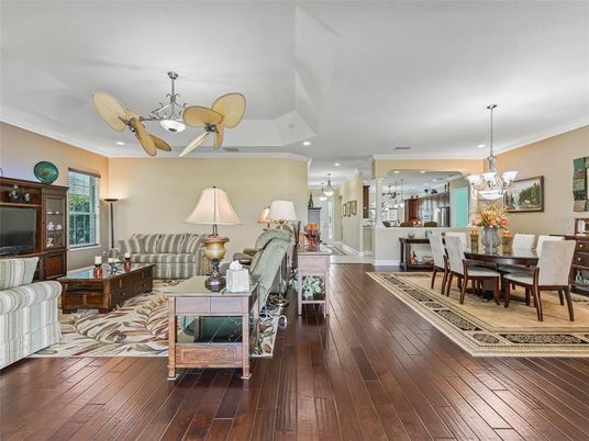 Chandelier, Dining room, Interior, Pendant Lights, Recessed Lighting, Wood Texture Flooring