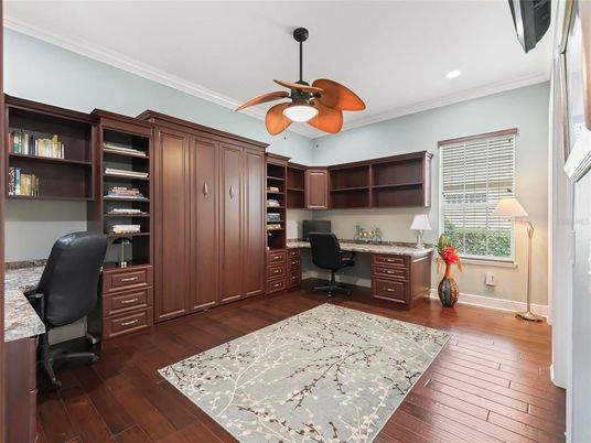 Home Office, Interior, Recessed Lighting, Wood Texture Flooring