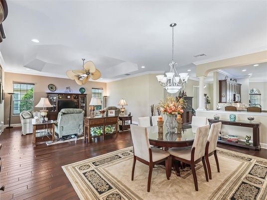 Chandelier, Dining room, Interior, Kitchen, Living room, Recessed Lighting, Wood Texture Flooring