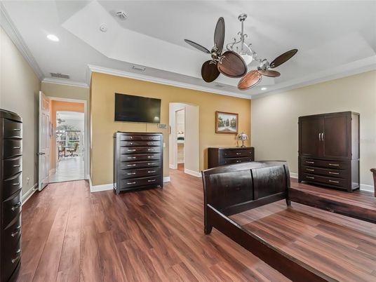 Bedroom, Interior, Recessed Lighting, Wood Texture Flooring
