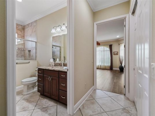 Bathroom, Interior, Recessed Lighting, Wood Texture Flooring