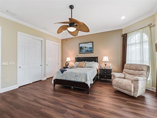 Bedroom, Interior, Recessed Lighting, Wood Texture Flooring