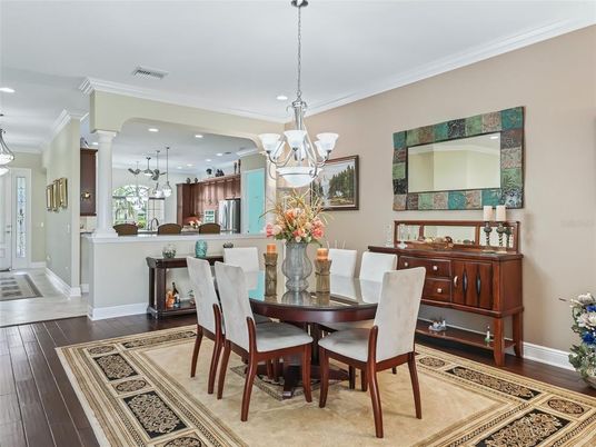 Chandelier, Dining room, Interior, Kitchen, Pendant Lights, Recessed Lighting, Wood Texture Flooring