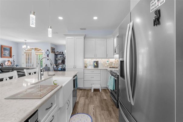 Chandelier, Interior, Kitchen, Pendant Lights, Recessed Lighting, Wood Texture Flooring