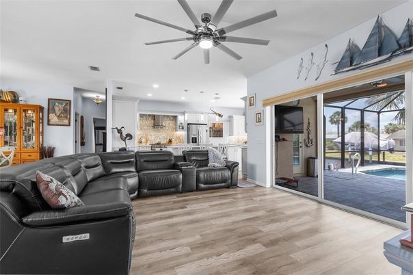 Interior, Kitchen, Living room, Recessed Lighting, Stainless Steel Appliances, Wood Texture Flooring