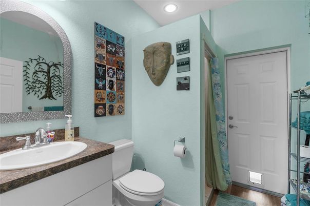 Bathroom, Interior, Recessed Lighting, Wood Texture Flooring
