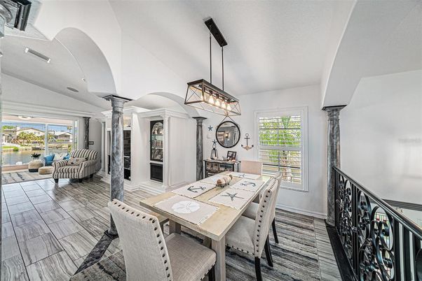 Dining room, Fireplace, Interior, Living room, Pendant Lights, Wood Texture Flooring