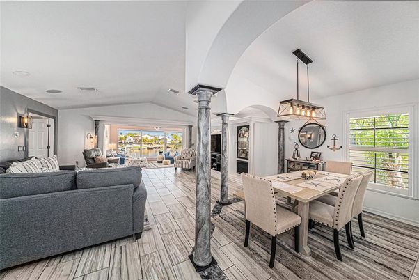 Dining room, Fireplace, Interior, Living room, Pendant Lights, Wood Texture Flooring