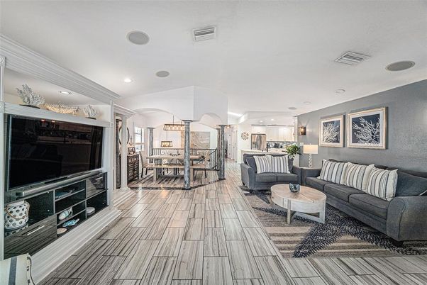 Dining room, Interior, Kitchen, Living room, Recessed Lighting, Wood Texture Flooring