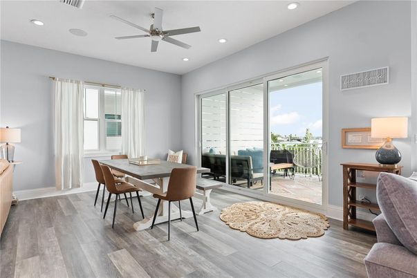 Dining room, Interior, Recessed Lighting, Wood Texture Flooring