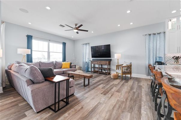 Interior, Living room, Recessed Lighting, Wood Texture Flooring