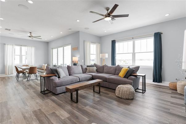 Dining room, Interior, Living room, Recessed Lighting, Wood Texture Flooring