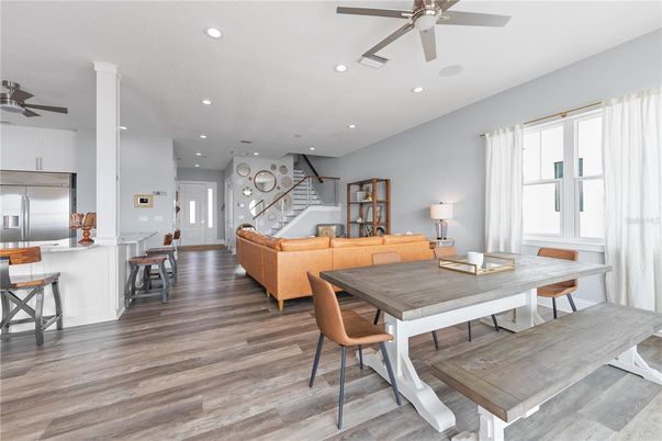 Dining room, Interior, Kitchen, Living room, Recessed Lighting, Stainless Steel Appliances, Wood Texture Flooring