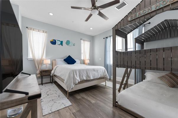 Bedroom, Interior, Recessed Lighting, Wood Texture Flooring