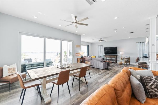 Dining room, Interior, Living room, Recessed Lighting, Wood Texture Flooring