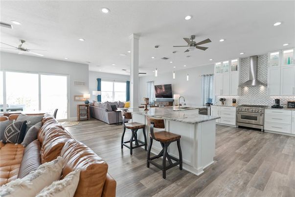 Interior, Kitchen, Living room, Pendant Lights, Recessed Lighting, Stainless Steel Appliances, Wood Texture Flooring