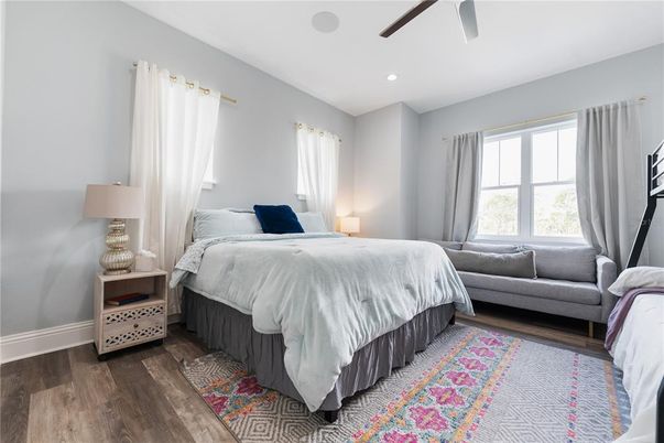 Bedroom, Interior, Recessed Lighting, Wood Texture Flooring