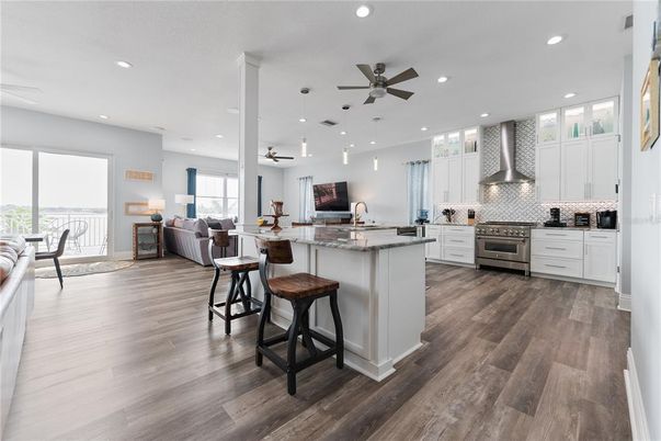 Interior, Kitchen, Living room, Pendant Lights, Recessed Lighting, Stainless Steel Appliances, Wood Texture Flooring