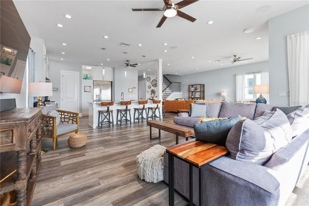 Dining room, Interior, Kitchen, Living room, Recessed Lighting, Wood Texture Flooring