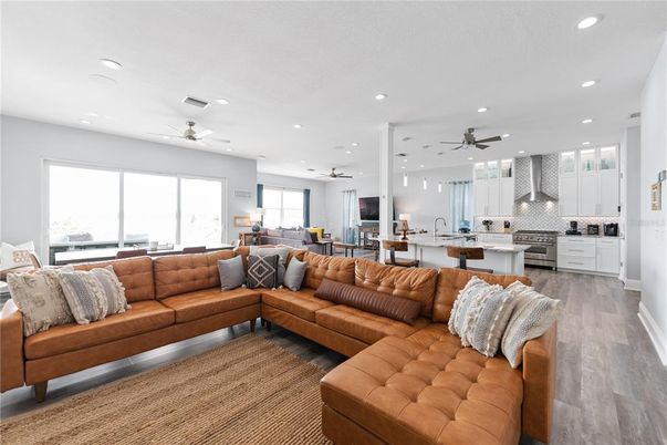 Interior, Kitchen, Living room, Recessed Lighting, Stainless Steel Appliances, Wood Texture Flooring