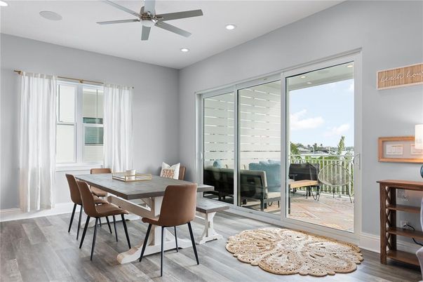 Dining room, Interior, Recessed Lighting, Wood Texture Flooring
