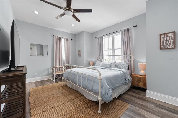 Bedroom, Interior, Recessed Lighting, Wood Texture Flooring
