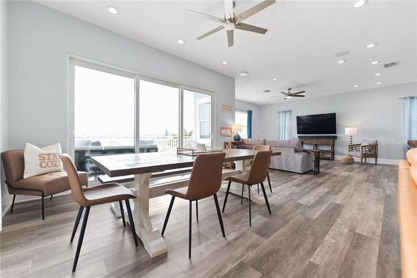 Dining room, Interior, Living room, Recessed Lighting, Wood Texture Flooring
