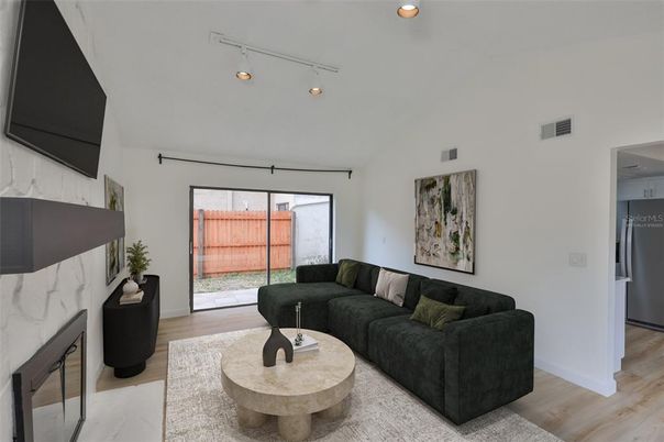 Fireplace, Interior, Kitchen, Living room, Recessed Lighting, Wood Texture Flooring