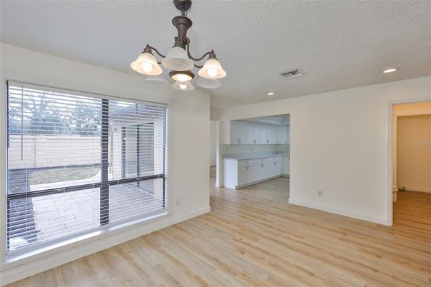 Chandelier, Empty room, Interior, Kitchen, Recessed Lighting, Wood Texture Flooring