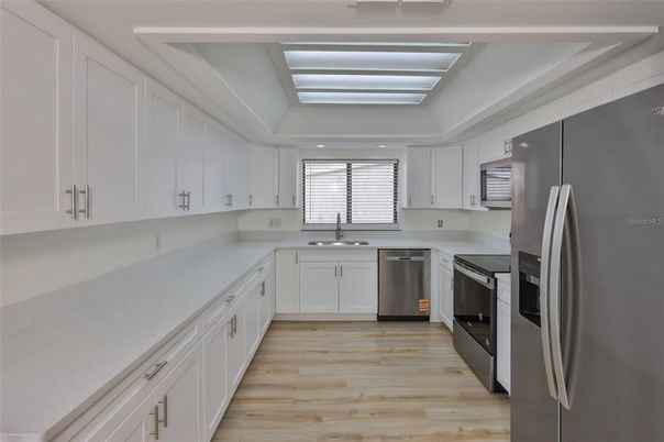 Glass Ceilings, Interior, Kitchen, Recessed Lighting, Stainless Steel Appliances, Wood Texture Flooring