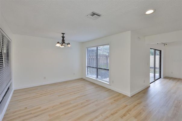 Empty room, Interior, Pendant Lights, Recessed Lighting, Wood Texture Flooring