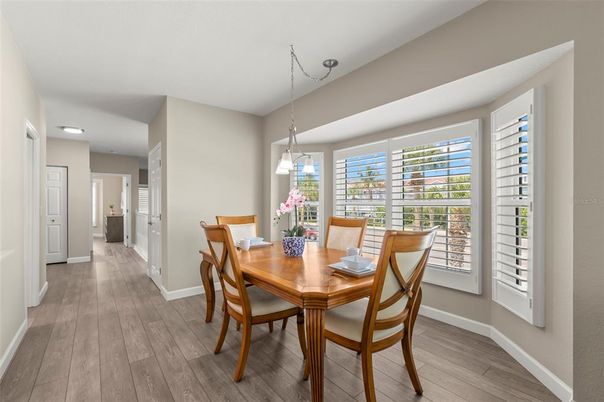 Dining room, Interior, Pendant Lights, Recessed Lighting, Wood Texture Flooring