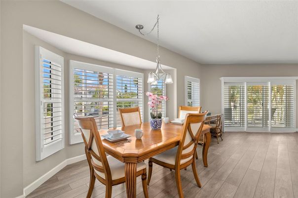 Dining room, Interior, Pendant Lights, Wood Texture Flooring