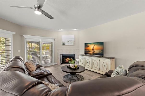 Fireplace, Interior, Living room, Recessed Lighting, Wood Texture Flooring