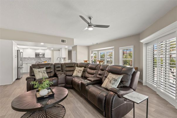 Interior, Kitchen, Living room, Recessed Lighting, Stainless Steel Appliances, Wood Texture Flooring