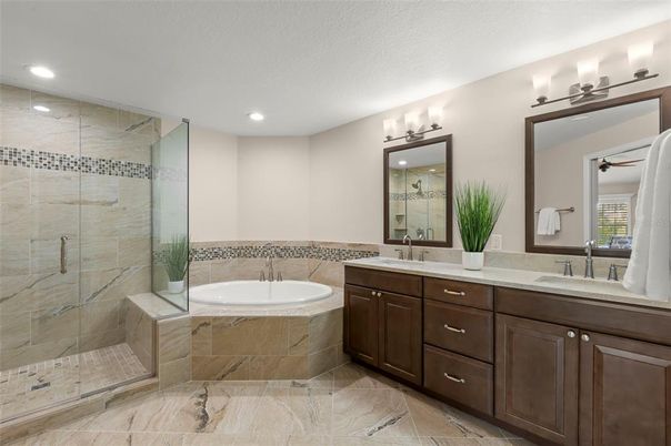 Bathroom, Dual Sink Vanities, Glass Shower, Interior, Recessed Lighting